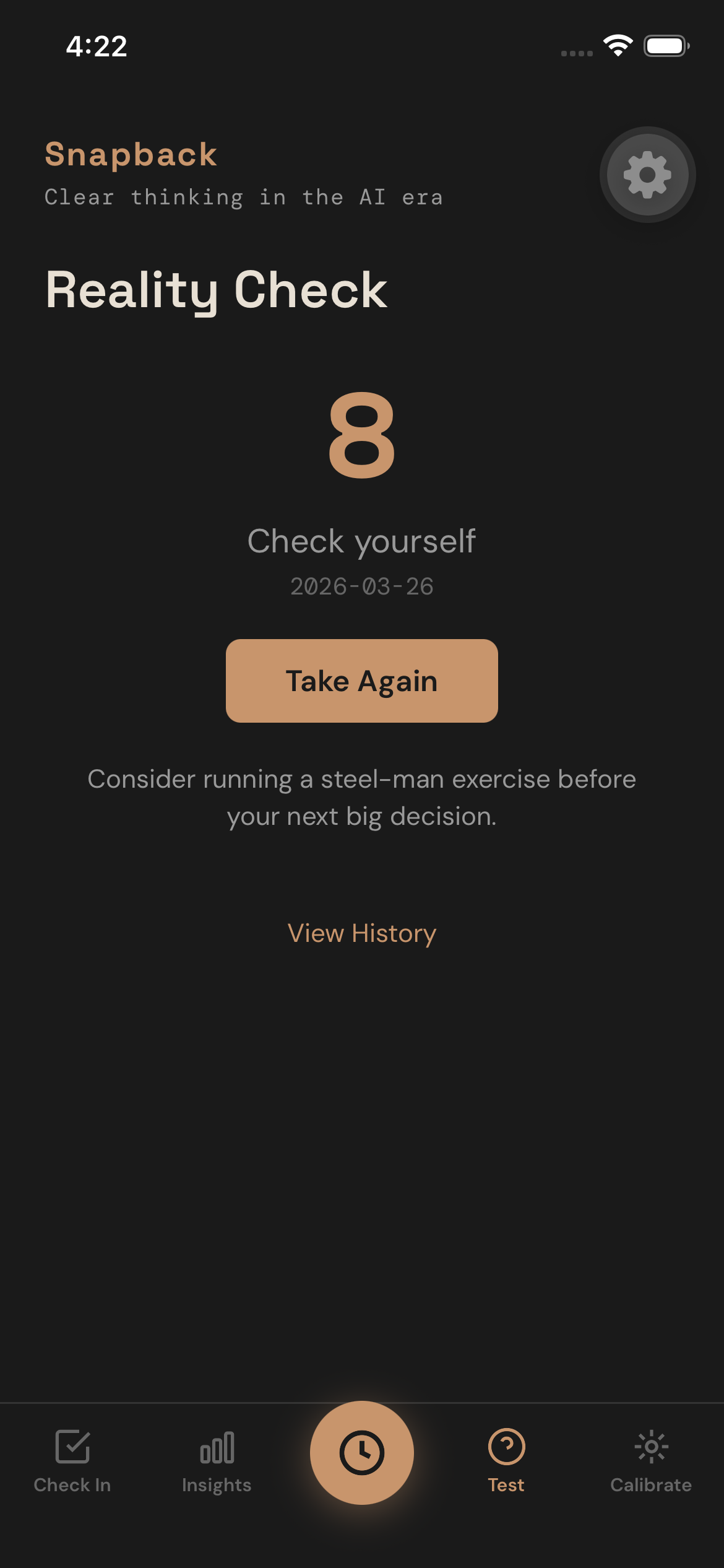 Snapback Reality Check screen
